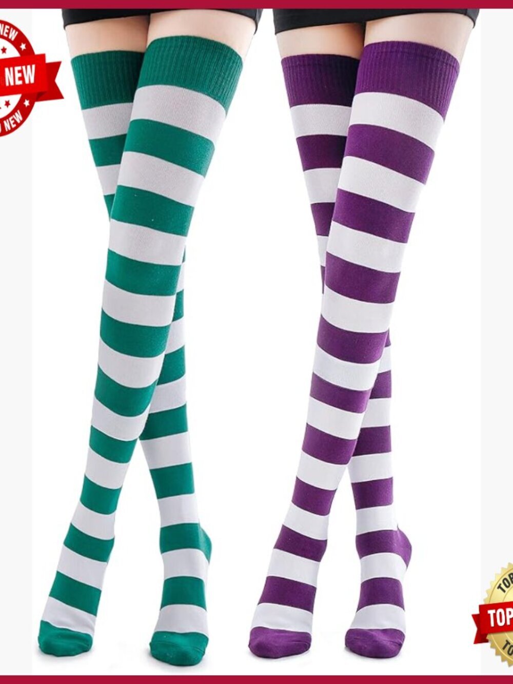 Extra Long Cotton Stripe Thigh High Socks Over the Knee - 2 Pair